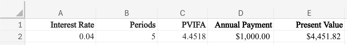Example for calculating PVIFA in Excel