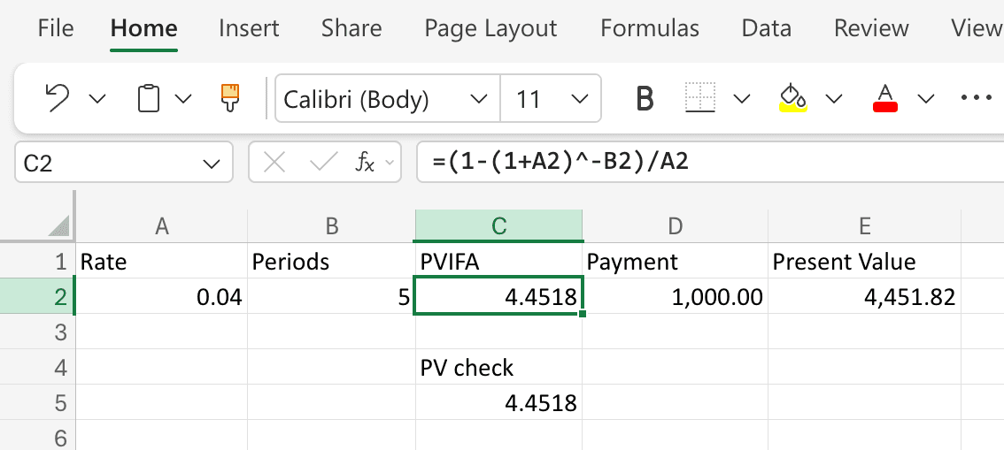 Excel 工作表：C2 中为 PVIFA 公式，下方用 PV 函数交叉验证，右侧给出每年 1,000 元付款流的现值