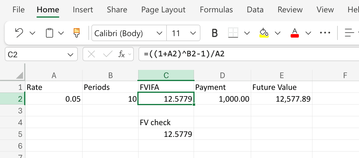 Excel worksheet with the FVIFA formula in C2, a cross-check against the FV function, and the resulting future value for a $1,000 annual payment