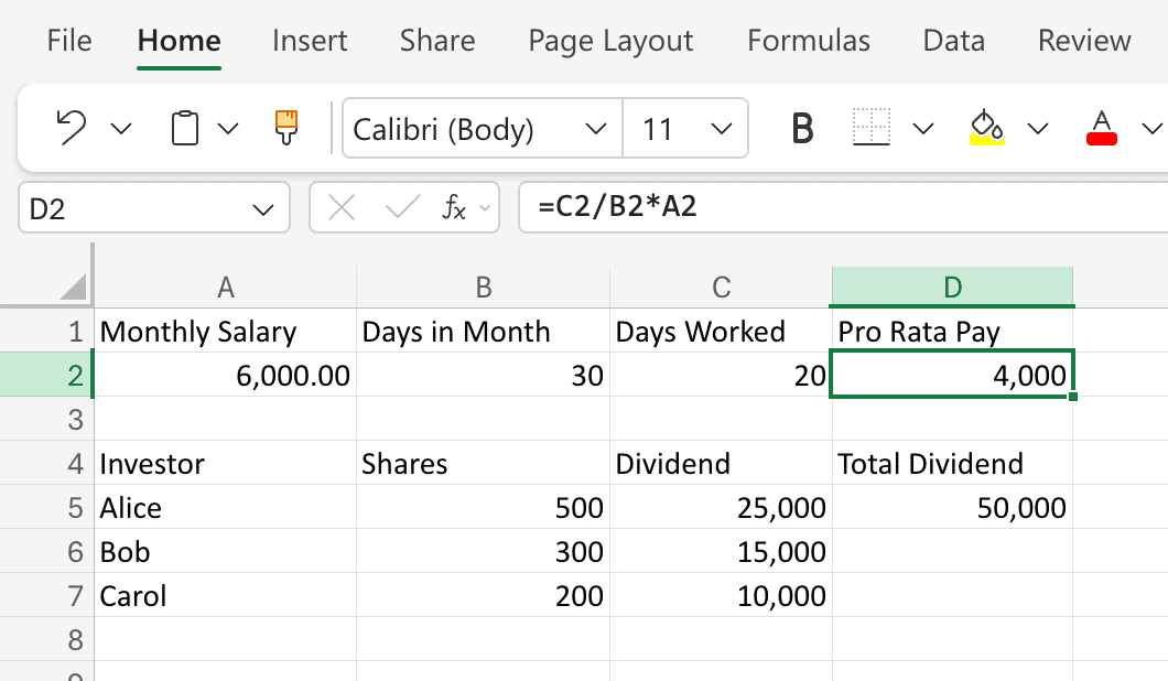 Excel 工作表:按时间比例计算工资,以及按份额分配金额