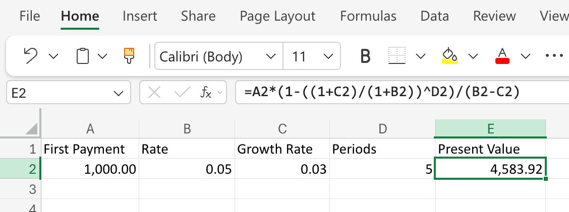 Excel worksheet computing the present value of a growing annuity with a 3% growth rate at 5% for 5 years
