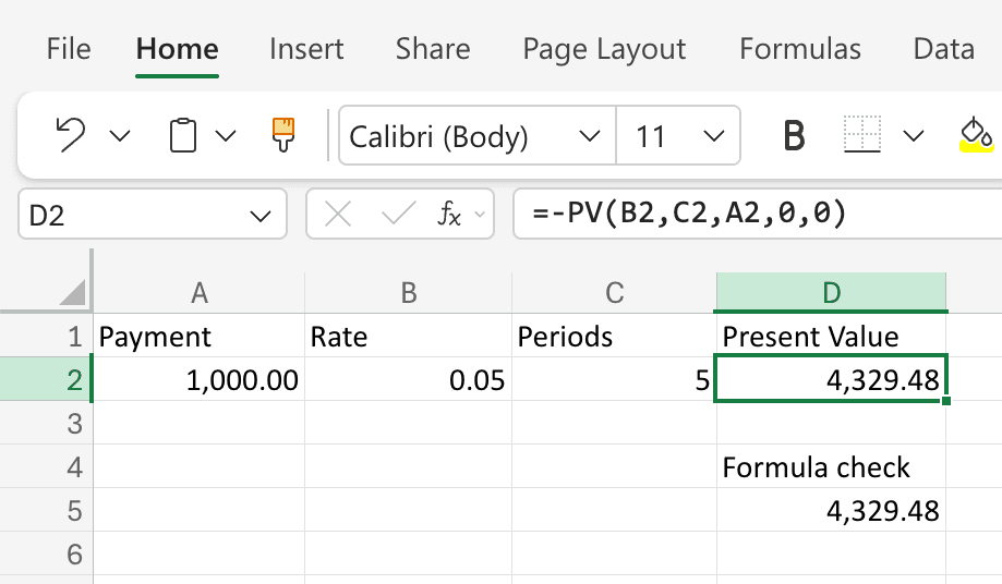 Excel worksheet computing the present value of a $1,000 ordinary annuity at 5% for 5 years using the PV function